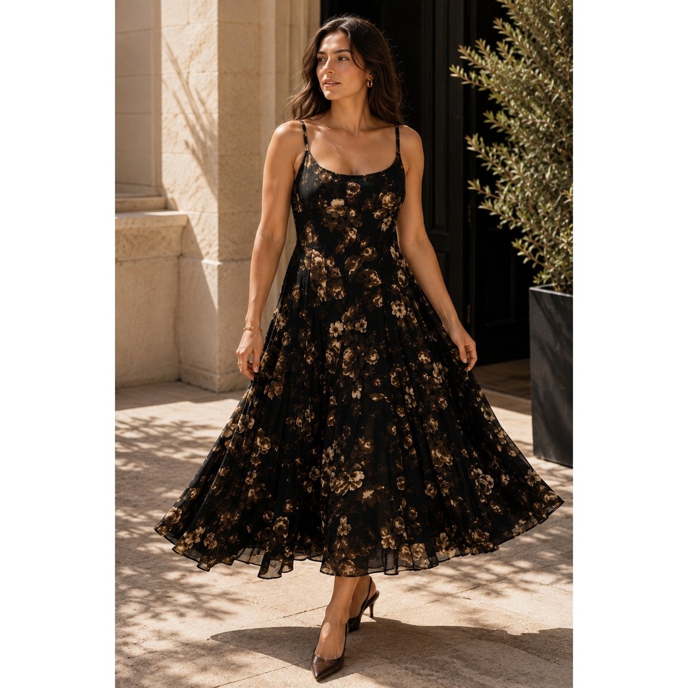 Reformation Katalina Dress Grand Dame Floral Fit & Flare Midi Black Brown 12